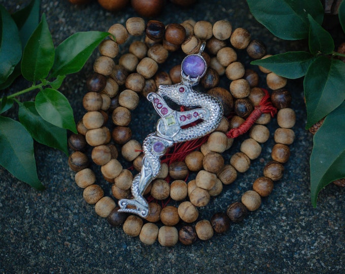 Medicine Snake Pendant, Amethyst Garnet Ruby Peridot Gemstone, Ceremonial Sacred Jewellery,  High Quality Handcrafted Bali Sterling Silver.