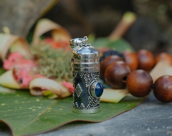 Premium Sterling Silver Rapé Bottle Pendant Exclusive Ceremonial Tobacco Keeper, Decorated with Blue Sapphire, Ruby, and Amethyst Gemstones