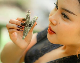 Balinese Eagle Head Kuripe Pipe - Dark Wood & Ruby Stone - Handcrafted from 99% Pure Silver