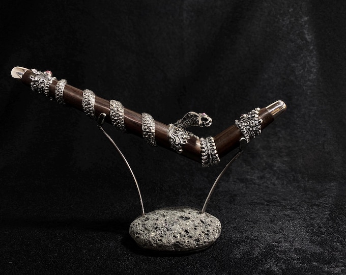 Dewata silver Snake Tepi Pipe, made from Dark Wood, high purity Silver ornament, ruby , black sapphire
