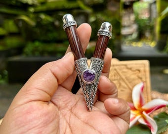 Amethyst Collectible Kuripe Pipe: Balinese High Purity Silver Ornament, Tamarind Wood