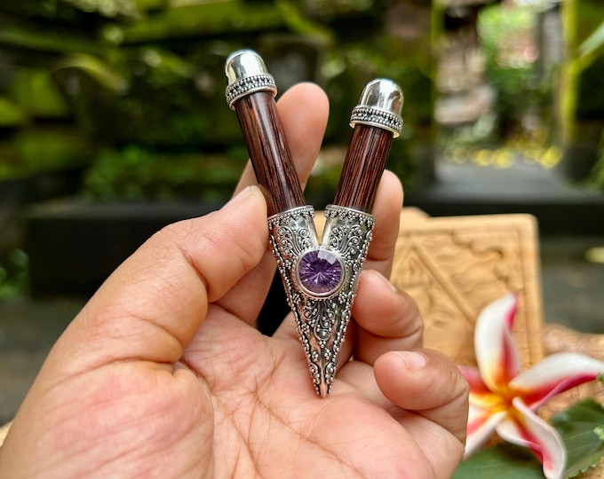Clear Amethyst Kuripe Pipe, Silver Balinese Ornament, Tamarin Wood, Natural Water Pearls, Exclusive Collectible Kuripe, Traditional Set Box