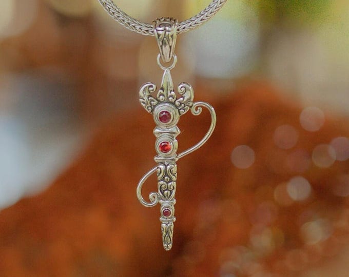 Small Brahma God Weapon “Gada” Sterling Silver Handcraft Pendant Ruby Stone Unisex Sacred Necklace, Hindu Mandala Symbol Collectible Jewelry