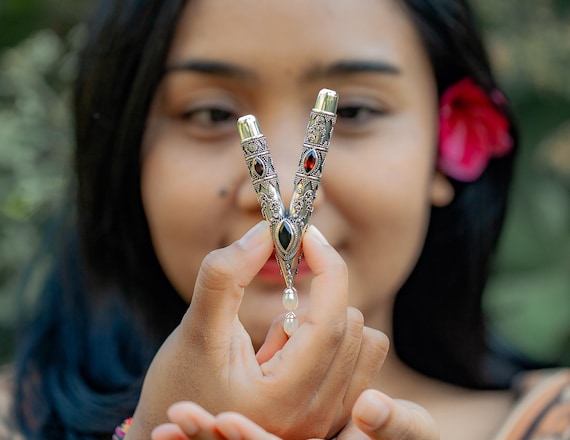 Dewata Studio Kuripe with High Purity Silver Ornamentation, Garnet and Pearl Accents, Authentic Dewata Studio’s Crafting Technology