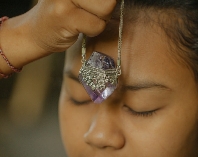 Powerful Clear Large Amethyst Crystal High Quality Balinese Handcrafted Sterling Silver Healing Pendant Unisex collectible Sacred Necklace