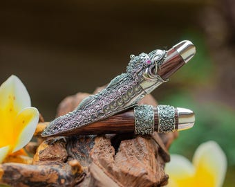 Balinese Dragon Ornament Kuripe , Tamarin Wood, Ruby Gemstone, Handcrafted Sterling Silver, Ceremonial Pipe Set Wooden Carving Box