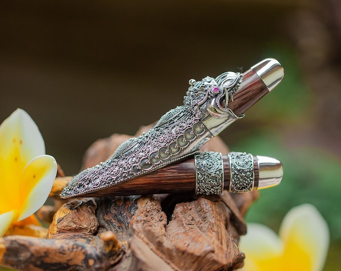 Balinese Dragon Ornament Kuripe , Tamarin Wood, Ruby Gemstone, Handcrafted Sterling Silver, Ceremonial Pipe Set Wooden Carving Box