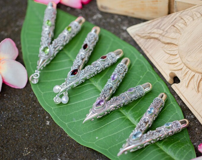 Set of 4 High-Purity Silver Kuripe Pipes / Garnet / Amethyst / Peridot / Blue Topaz / Balinese Handcrafted Rapé Tools