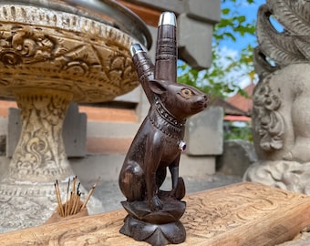 Kuripe Single Block “Sacred Cat” Silver, Amethyst stone, Dark wood pipe