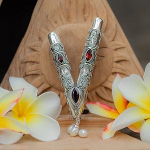 Exclusive Kuripe 99% Silver with Garnet and Pearl, Handcrafted Balinese kuripe Pipe, Authentic traditional Tool