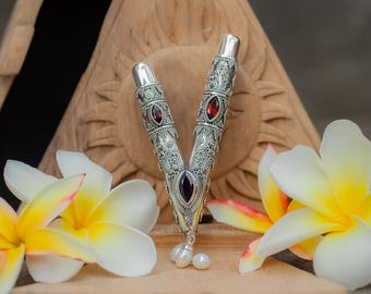 Exclusive Kuripe 99% Silver with Garnet and Pearl, Handcrafted Balinese kuripe Pipe, Authentic traditional Tool