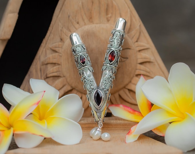 Exclusive Kuripe 99% Silver with Garnet and Pearl, Handcrafted Balinese kuripe Pipe, Authentic traditional Tool