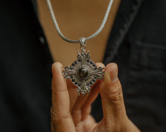 Balinese Chakra Pendant - Sterling Silver with Blue Topaz and Sapphire, Unisex Sacred Necklace, Collectible Weapon Design