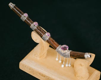 Exclusive collectible Tepi pipe from Tamarind wood with amethysts, pearls and high purity silver handcrafted ornaments.