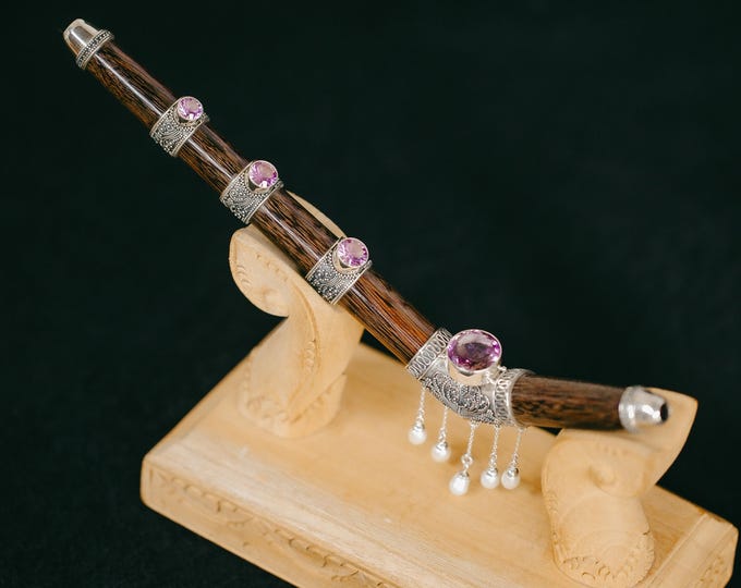 Exclusive collectible Tepi pipe from Tamarind wood with amethysts, pearls and high purity silver handcrafted ornaments.