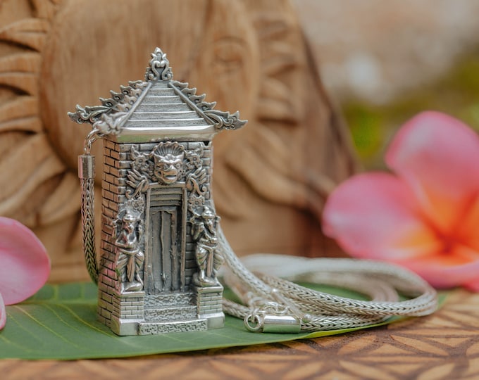 Sterling Silver Bali Style Gapura Candi Bentar Pendant, Hindu Temple Gate, Chain Necklace, Exclusive Handcrafted Silver, Handcrafted Box,