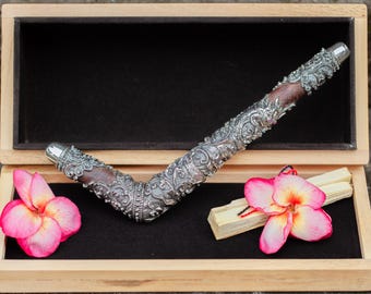 Silver Dragon Ornament Tatahan Tamarin Tepi Pipe Ruby Stone, Exclusive Balinese Handcrafted Collectible Tepi Pipe, Free Traditional Wood Box