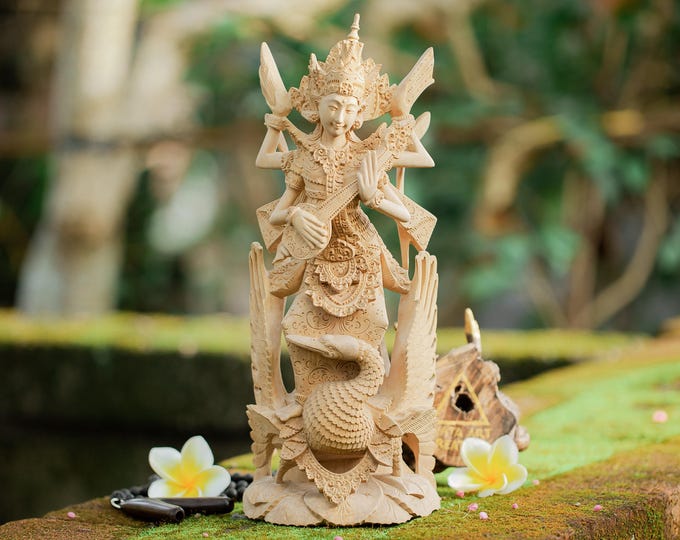 Saraswati Sculpture Altar Meditation tools, Balinese Aroma Statue Hindu Goddess, Nusa Tenggara Aroma Wood, Traditional Hand Carving.