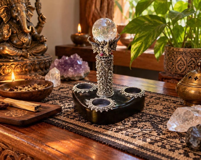 Exclusive Balinese Handcrafted Candle Holder with Clear Crystal, Pure Silver, and Dark Wood – Altar Decoration & Exclusive Gift