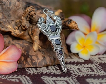 Large Balinese Mandala "Gada" Pendant - Sterling Silver with Garnet Gemstones, Brahma Weapon Necklace, Collectible Sacred Jewelry
