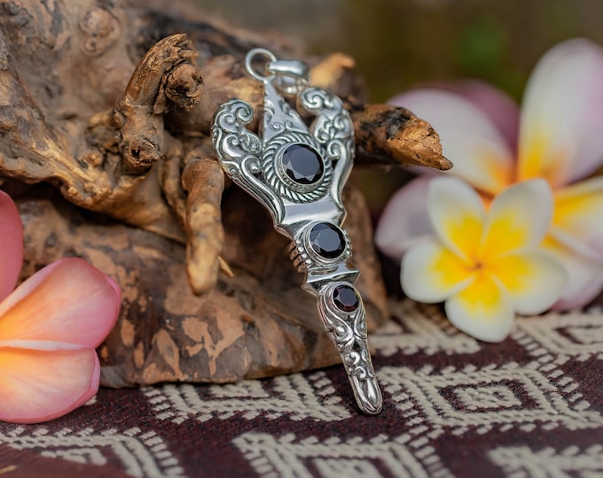 Large Balinese Mandala "Gada" Pendant - Sterling Silver with Garnet Gemstones, Brahma Weapon Necklace, Collectible Sacred Jewelry