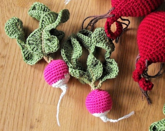 crochet radish, stuffed amigurumi toy, felt food, handmade, cotton vegetables for kids kitchen, pretend play food, toy kitchen accessories