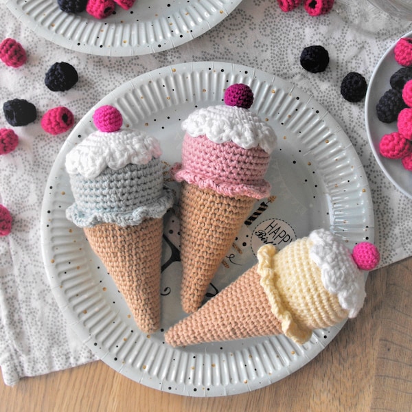 crochet ice cream cone, cotton, stuffed amigurumi toys, play food, handmade, pretend play, doll party, gift for child
