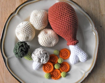 crochet dinner set, fried chicken drumstick,potatoes, cotton play food, amigurumi stuffed toy, pretend play kitchen accessories, handmade