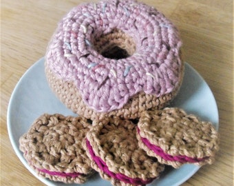 crochet donut, doughnut, cookie, stuffed amigurumi toy, play food, handicraft