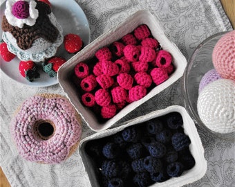 30pcs dans la boîte, framboises, mûres, fruits au crochet amigurumi, nourriture de jeu de simulation, pour la cuisine des enfants, jouets Montessori, nourriture miniature