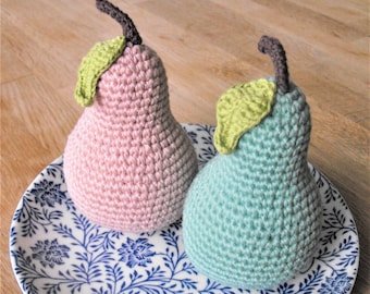 crochet pear, stuffed amigurumi  fruits, play food, handmade toys , for kids kitchen, knitting soft toy from yarn