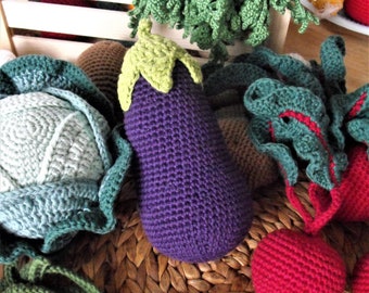 crochet eggplant, cotton stuffed food, toy vegetables, pretend play kitchen accessories, play food amigurumi