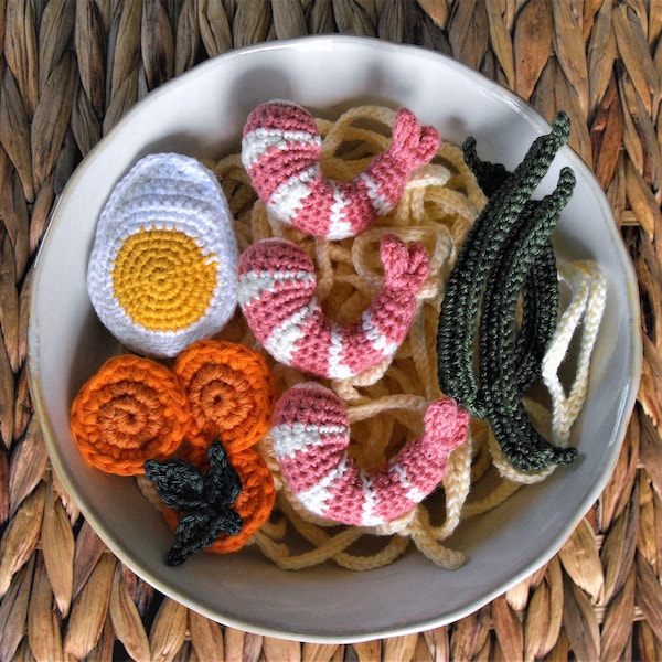 soupe ramen au crochet avec crevettes, nouilles, jouet de cuisine semblant, jeu créatif, cadeau pour les enfants, activité montessori, jouets d'art alimentaire amigurumi