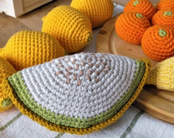 Gehäkeltes Melonenspielzeug, Amigurumi-Früchte, Garn-Spielessen für Kinderküche, vorgetäuschtes Spielessen, Küchenzubehör, Montessori-Spielzeug, Garn-Öko-Spielzeug