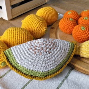 crochet melon toy, amigurumi fruits, yarn play food for kids kitchen, prentend play food, kitchen accessories, montessori toys, yarn eco toy