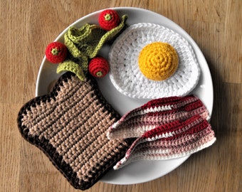 crochet breakfast set, fried egg with bacon, felt food for kids kitchen, pretend play food, cotton yarn kitchen toy, montessori toys