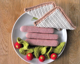 breakfast set, crochet stuffed food amigurumi, cotton soft toy, play food for kids kitchen, sausage, sandwich, cherry tomato and lettuce