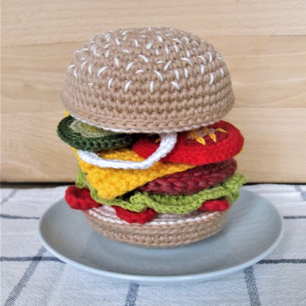 crochet hamburger burger, play fast food set for kids kitchen, pretend food, kitchen toys accessories, waldorf preschool toys, amigurumi