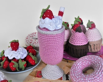 strawberry coctail, milk shake, drink, crochet amigurumi toys, pretend play food, creative toy for kids kitchen, handamde gift for baby