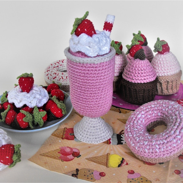 strawberry coctail, milk shake, drink, crochet amigurumi toys, pretend play food, creative toy for kids kitchen, handamde gift for baby