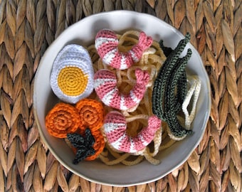 crochet ramen soup with shrimps, noodles, pretend kitchen toy, creative play, gift for kids, montessori activity, amigurumi food art toys