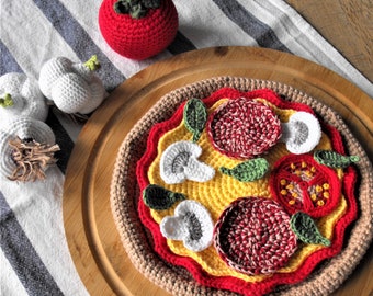 crochet pizza, play food set for kids kitchen, pretend cooking, kitchen toys accessories, amigurumi, cotton yarn handmade, montessori eco