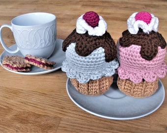 crochet cupcake, muffin, cookie, fake food, stuffed amigurumi toy, play food, handmade, montessori toys, toy kitchen accessories