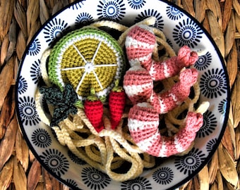 shrimp soup with noodles, crochet play food set, kitchen toys, developmental toy, stuffed food toy, amigurumi, pretend play cooking, eco toy