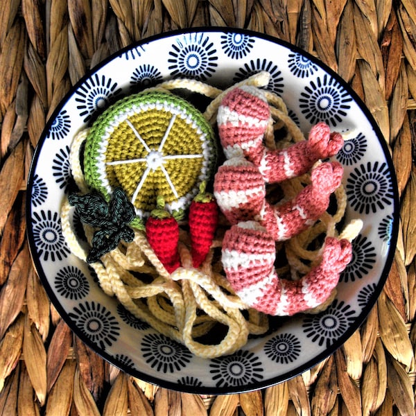 shrimp soup with noodles, crochet play food set, kitchen toys, developmental toy, stuffed food toy, amigurumi, pretend play cooking, eco toy