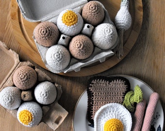 œufs au crochet dans une boîte, faire semblant de jouer à la nourriture, accessoires de cuisine amigurumi, jouets en coton farcis, nourriture miniature, Montessori fait à la main pour les enfants