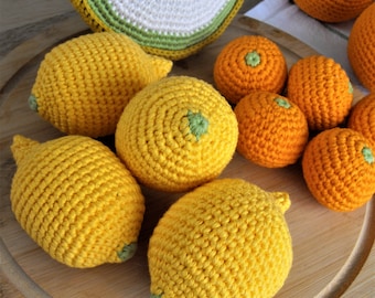 crochet lemon, stuffed amigurumi fruits, play food, handmade toys, for kids kitchen, knitting soft toy from yarn , play kitchen accessories