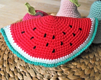 crochet watermelon, stuffed amigurumi fruits, play food, handmade, for kids kitchen, soft toy from cotton yarn , play kitchen accessories