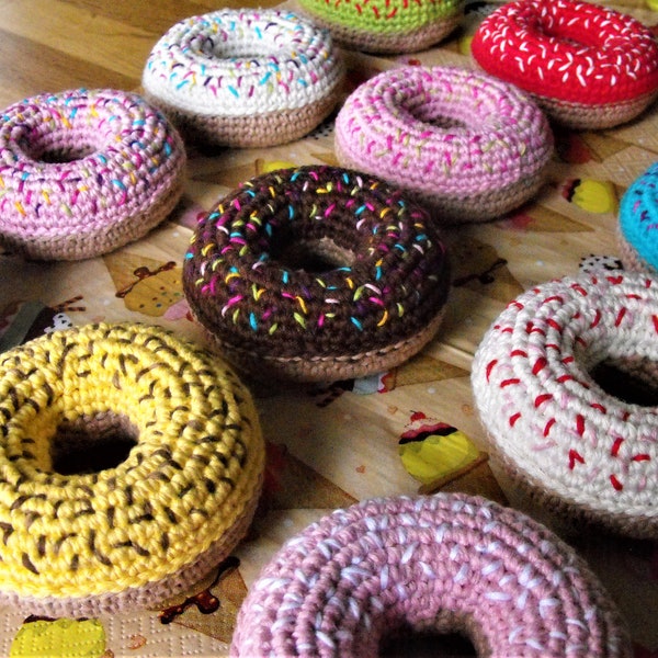 crochet donut, colorful sweets for kids, amigurumi play food, pretend kitchen, fake food, cotton yarn stuffed toys, sensory toys, montessori