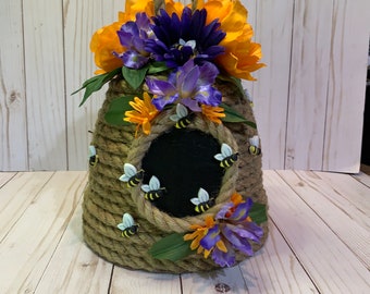 Large  Bee Hive Skep Jute Bee HIve Silk Flowers Bee Buttons